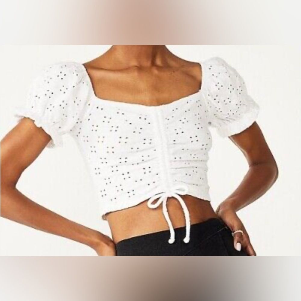 Juniors’ NWT SO Eyelet Cinch Front Puff Sleeve Cropped Top White Size XXL